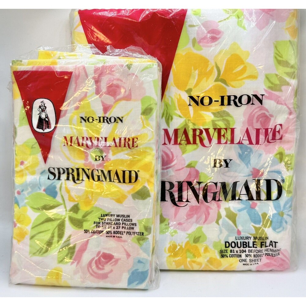 Vtg Springmaid Marvelaire Double Flat Sheet & 2 Pillowcases Multicolor Floral